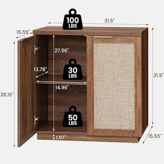 HOMMPA 31.5'' Sideboard Buffet Cabinet with Storage Boho Kitchen Buffet Cabinet with 2 Doors and Adjustable Shelves, Rattan Credenza Wood Coffee Bar Cabinets/Table for Living Room, Hallway & Kitchen