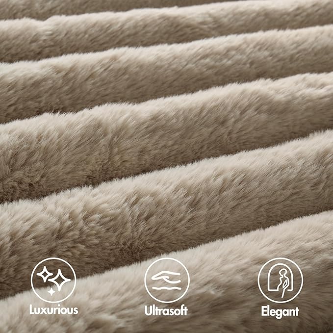 Madison Park Jasmine Queen Comforter Set, Luxurious Reversible Faux Fur Plush Ribbed Velvet Bedding, Fuzzy Thick Warm Winter Comforter, Super Soft Fluffy 3-Piece Set Taupe
