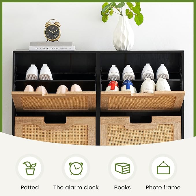 4 Flip Drawers Shoe Storage Cabinet, Rattan Shoe Organizer with Metal Legs, Freestanding Narrow Shoe Rack Cabinet for Entryway, Black