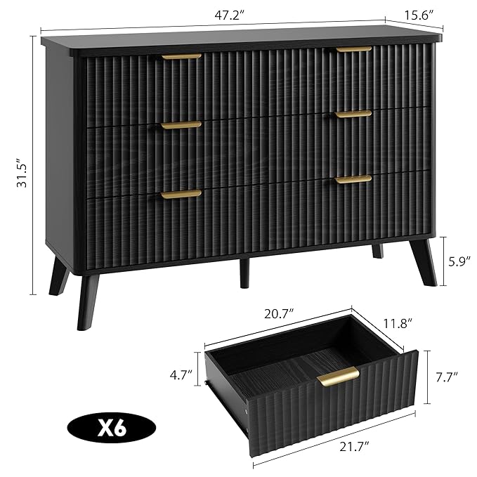 Garvee 6 Drawers Dresser for Bedroom, 47.2" Wide Dressers with Curved Profile Design, Fluted Wood Drawers with Gold Handle, Modern Chest of Dressers with Thickened Design for Living Room, Black