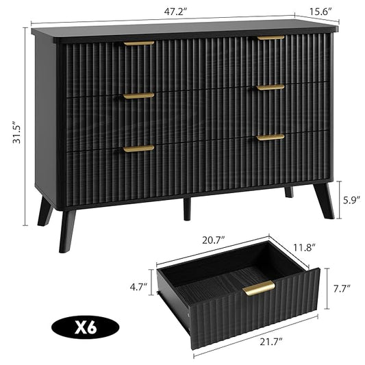 Garvee 6 Drawers Dresser for Bedroom, 47.2" Wide Dressers with Curved Profile Design, Fluted Wood Drawers with Gold Handle, Modern Chest of Dressers with Thickened Design for Living Room, Black