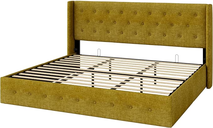 Allewie King Size Lift Up Storage Bed, Button Tufted Headboard with Wingback, Hydraulic Support, No Box Spring Needed, Olive Yellow