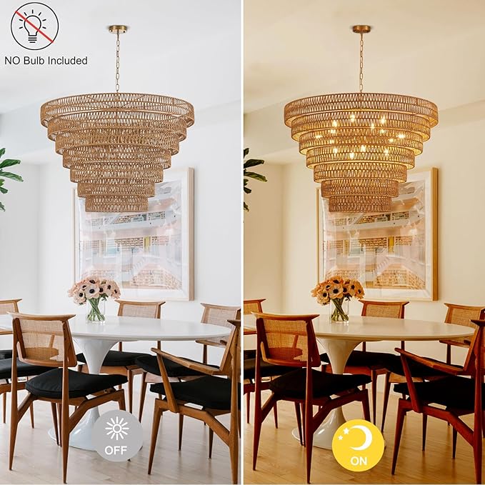 Hand-Woven Rattan Chandelier Vintage Farmhouse 15-Lights Boho Bamboo Large Chandeliers Light Fixture 7-Tier Drum Wicker Chandelier for Dining Room, Living Room, Kitchen, E12