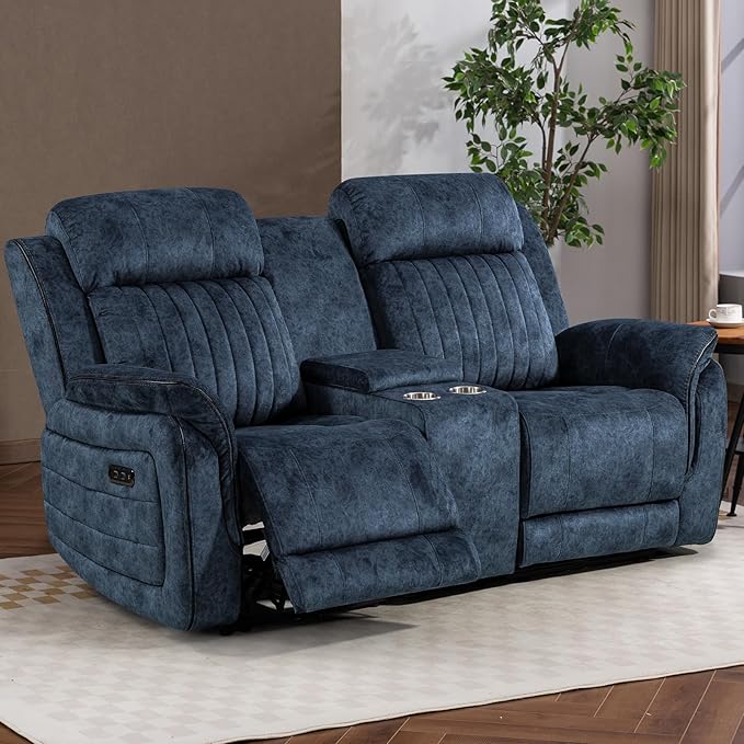 Zero Gravity Power Reclining Loveseat Sofa with Adjustable Headrests, Power Loveseat Recliner with Console, Electric 2-Seater Recliner Couch with Charging Port for Living Room (Velvet, Blue)