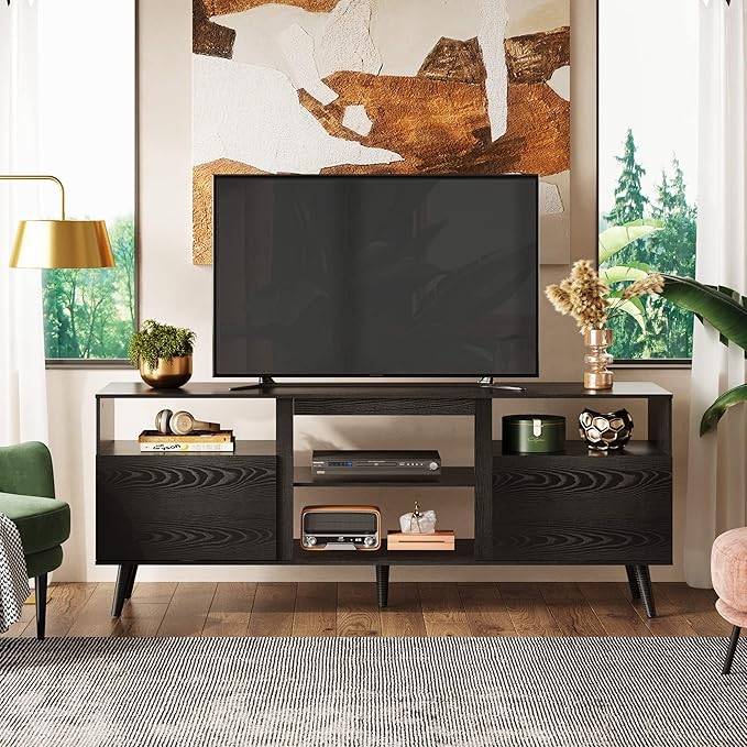 WLIVE Mid-Century Modern TV Stand for 55 60 65 Inch TV, Entertainment Center with Extra Open Shelf & Storage Cabinets, Media TV Console for Living Room Bedroom Office, Black