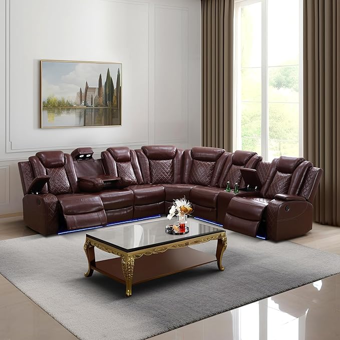 Power Recliner Sectional Sofa with LED, Breathing Leather Reclining Sectional Couch, L Shaped Couch with Dual Recliners, USB Port, Cup Holder&Storage for Living Room (Garnet)