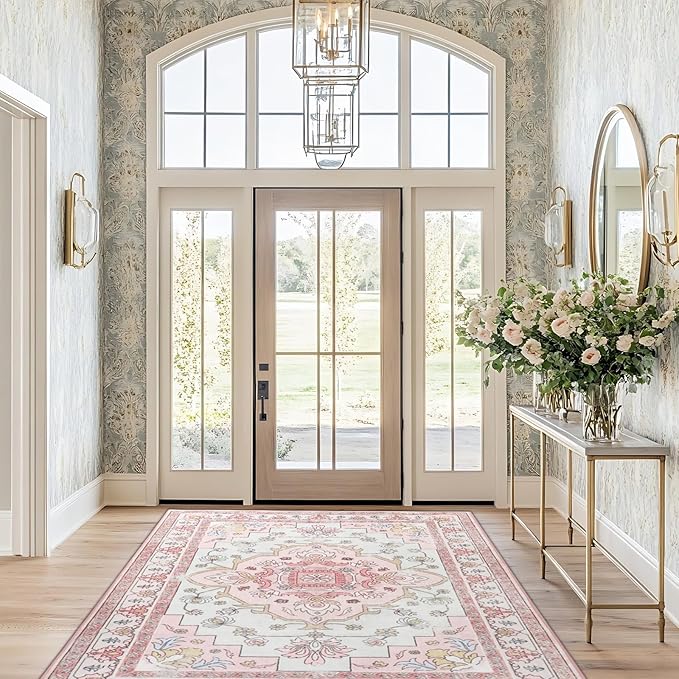 MOSISO 5x7 Area Rug for Living Room, Washable Area Rug, Non-Slip Vintage National Area Rugs, Low Pile Carpet, Faux Wool Rectangular Area Rugs Carpet for Living Room Bedroom Dining Room, Home, Pink
