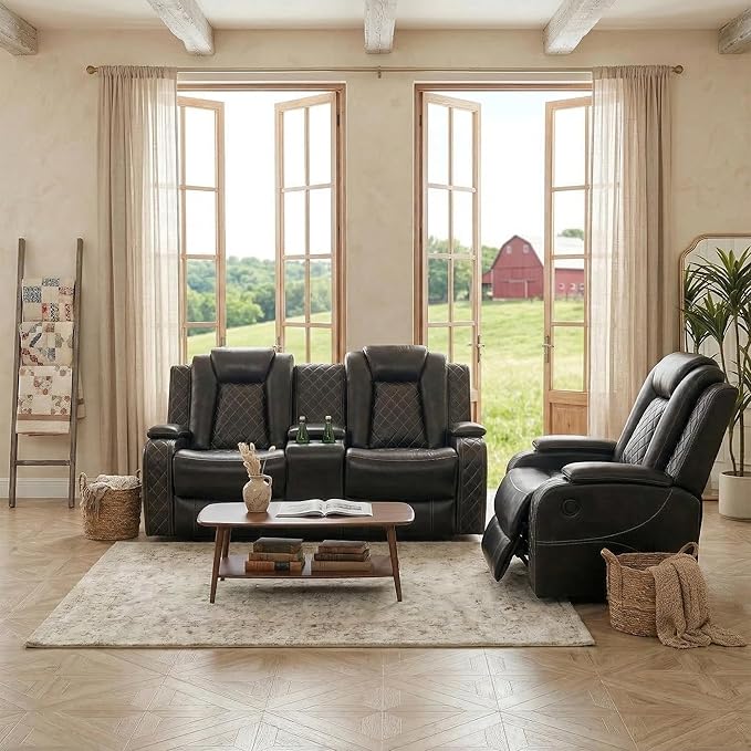 Power Recliner Loveseat and Chair, Air Leather Reclining Couch with LED/Cup Holders/Storage, 2 Pieces Reclining Living Room Furniture, Black Leather Loveseat and Chair for House/Apartment/Office