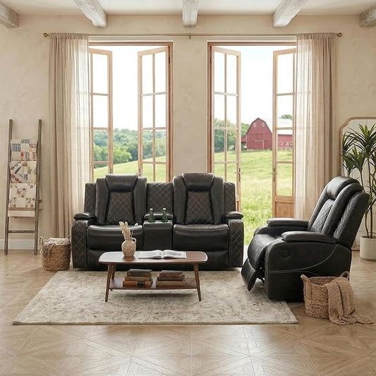 Power Recliner Loveseat and Chair, Air Leather Reclining Couch with LED/Cup Holders/Storage, 2 Pieces Reclining Living Room Furniture, Black Leather Loveseat and Chair for House/Apartment/Office