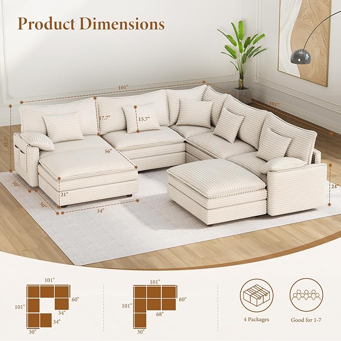 Vesgantti 101" V-Shaped Corner Couch Sectional, 7 Seat Customizable Modular Cloud Couches with Movable Ottoman, Corduroy Deep Seat Sofa Set with Chaise for Living Room, Bedroom and Apartment, Beige | Sink-in Comfort, Height Adjustable, Easy Rearrangeme...