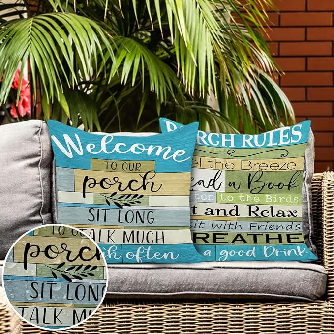 Jartinle Lake House Outdoor Pillow Covers 18x18 Inch Waterproof Turquoise Woodgrain Stripe Welcome to Porch Decorative Cushion Covers for Patio Furniture, Set of 2