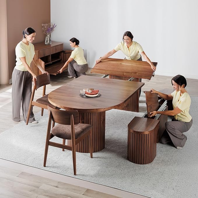 Transformer Table - Solid Wood Extendable Round Dining Table Set, Expandable Dining Table, Elegant and Functional Design, Perfect for Dining Room, Royal Brown (Table + Bench + Sideboard)