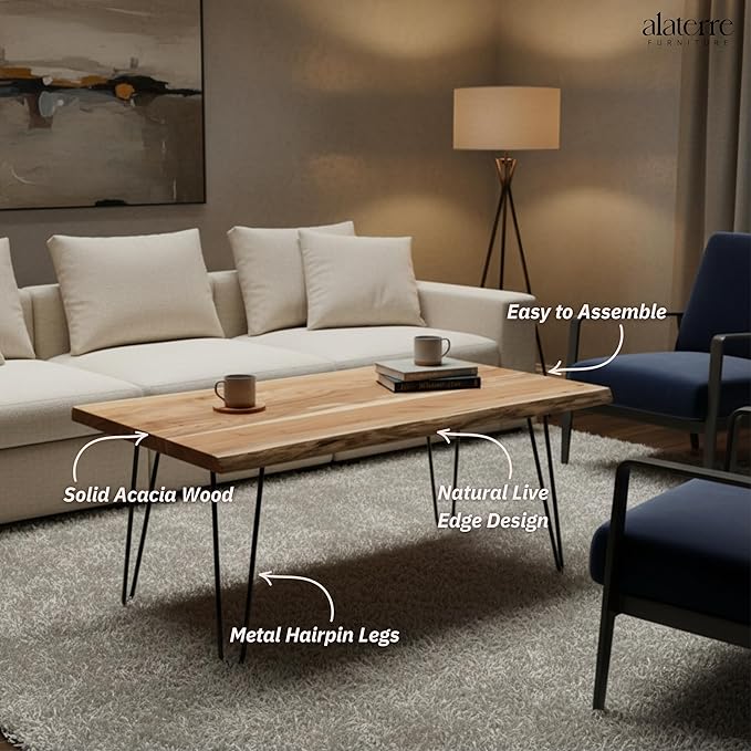 Alaterre Furniture Live Edge Wood Coffee Table with Hairpin Metal Legs – Rustic Modern Farmhouse Living Room Table with Acacia Wood Top (48 Inch)