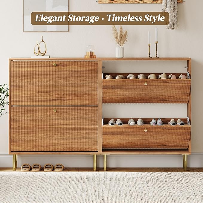 Nicetree Shoe Storage Cabinet for Entryway - 2 Flip Drawers Shoe Cabinet with Tiered Fluted Design - Slim Shoe Storage Rack with Gold Legs - Narrow Shoe Cabinet Hidden Shoe Organizer for Small Spaces