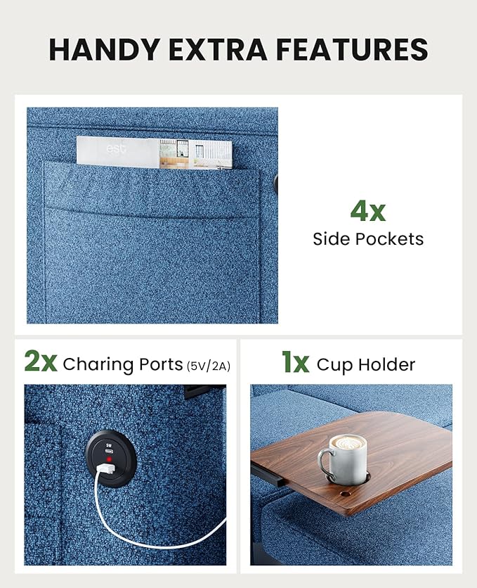 Marsail 3-in-1 Convertible Sofa Bed, 54" Sleeper Sofa with Solid Wood Side Table & Frame, Pull-Out Couch with USB Ports & Side Pockets, Loveseat Sofa with Adjustable Backrest, Blue