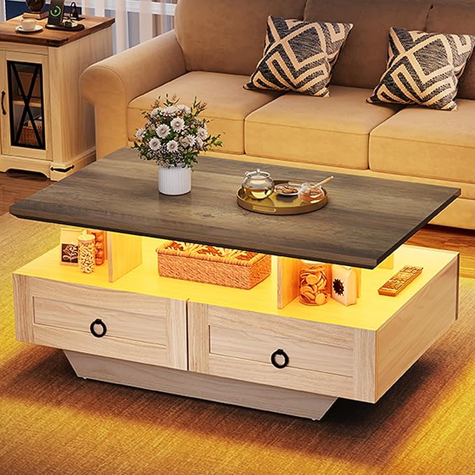 YITAHOME Farmhouse LED Coffee Table with Storage 4 Drawers, Wood Coffee Tables for Living Room, 2 Tiers Open Display Area with Metal Chic Handles, Industrial Cocktail Center Table, Brown and Oak