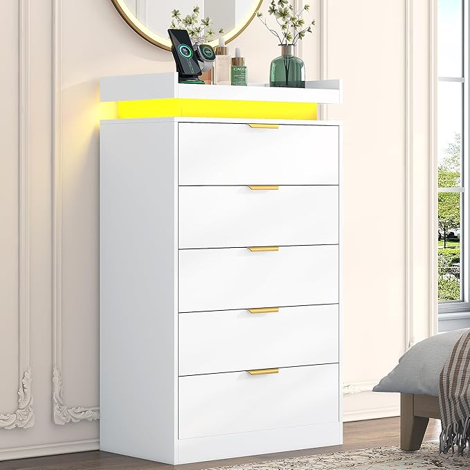 Tall Dresser for Bedroom, White Dresser with LED Lights, Wood 5 Drawer Chest with Power Outlet, Modern Chest of Drawers for Bedroom, Entryway, Hallway