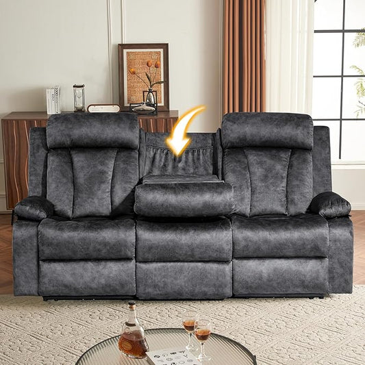 Electric Power Reclining Sofa w/Flipped Middle Backrest & Cup Holders, Power Recliner Couch w/Massage & Heat, Spacious 3-Seater Couch for Living Room Comfort (Gray)