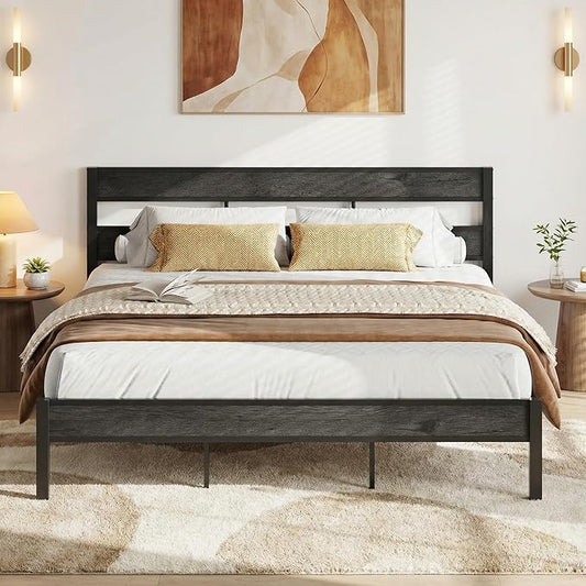 LIKIMIO California King Bed Frame with Headboard, Easy Assembly, Noise-Free, No Box Spring Needed, Heavy Strong Metal Support Frames, Charcoal Grey