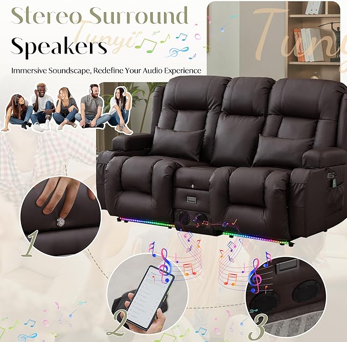 TUNYI Power Loveseat Recliner Sofa, Faux Leather Reclining Sofa with Console RV Reclining Loveseat Couch with USB/Outlet/Storage/Side Pocket/LED Light/Speaker (Brown, Loveseat)