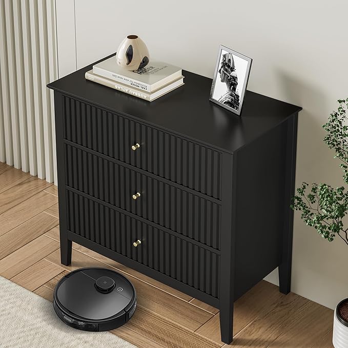Large Black Fluted 3-Section, Modern 30 Inch Tall Wood Side Unit with Ball Bearing Slides, Wide Accent Furniture with Spacious Compartments for Living Room Entryway
