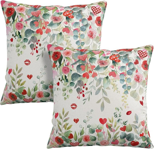 Valentines Day Floral Throw Pillow Covers 22x22 Inch Set of 2 Red Pink Roses Hearts Pillowcases Valentines Eucalyptus Leaves Decorative Cushion Covers for Home Sofa Bed