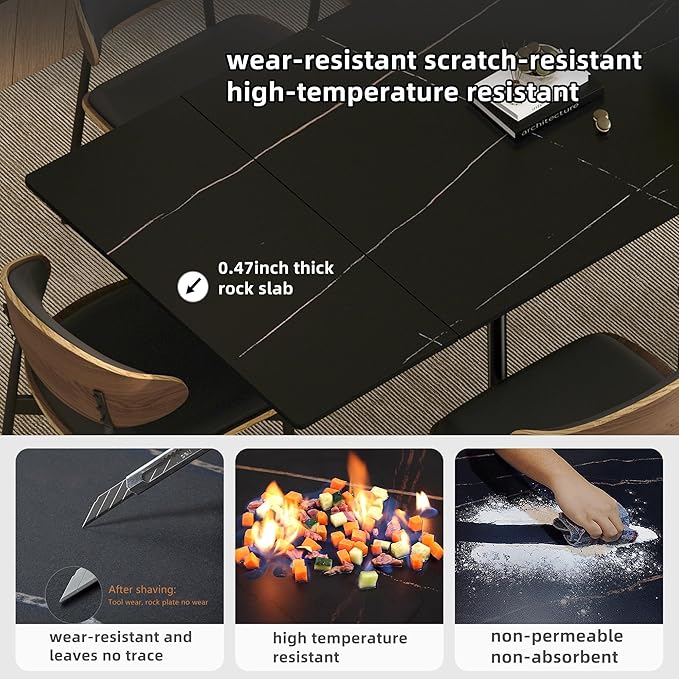 62.9"-94.4" Modern Extendable Dining Table for 6 to 10 Seats, Rectangular Sintered Stone Table with High Hardness and Easy Maintenance for Dining Room Family Gathering, Black Top