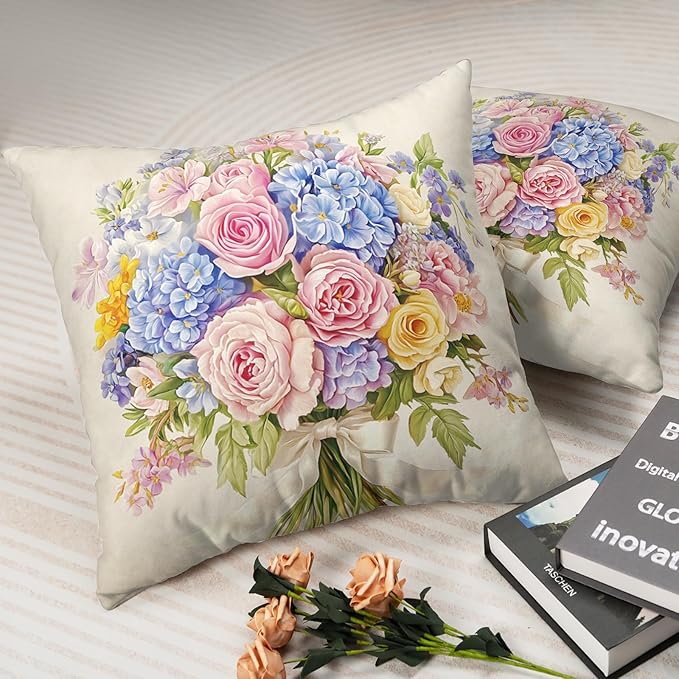Spring Summer Floral Pillow Covers 20x20 Pink Rose Blue Hydrangea Throw Pillow Covers Exquisite Bouquet Pillow Case Flowers Cushion Case for Living Room Couch Sofa 2 Pack