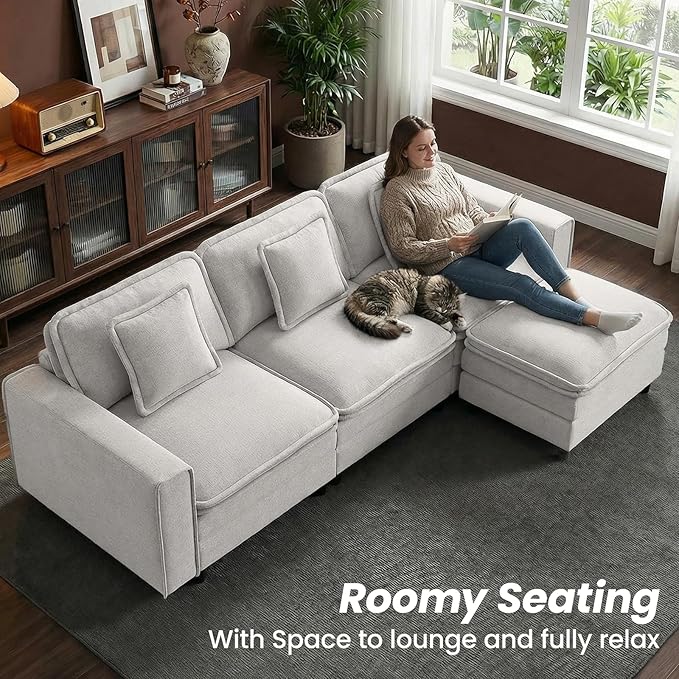 MALOL Modular Sectional Sofa 107", Comfy Cloud Couch with Ottoman, Deep 4-Seat L Shaped Modular Sofa, Couches with Throw Pillows for Living Room, Beige