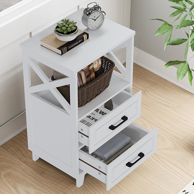 White Nightstand Set of 2, Tall Side Table, Farmhouse End Table with 2 Large Storage Drawers Cabinet, Wooden Rustic Bedside End Table for Bedroom, Home Office, White