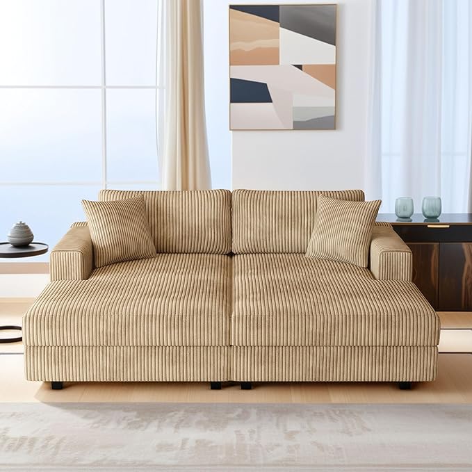 69-inch Oversized Chaise Recliner Lounge Deep Seat Upholstered Sleeper Daybed with 4 Pillows,Soft Corduroy Loveseat Double Chaise Sofa Couch Extra Wide Sleeper Chair Sofabed for Living Room Bedroom