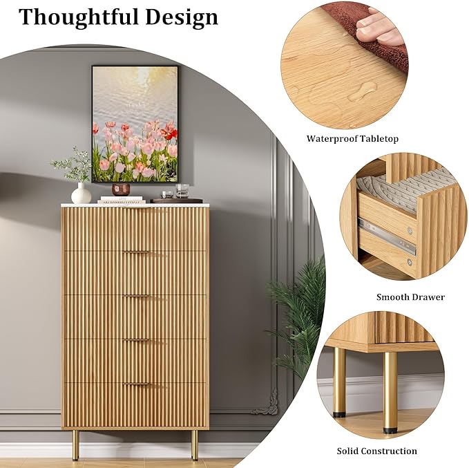 GAOMON 5 Drawer Dresser,Fluted Dresser for Bedroom,47.9" Tall Dressers Chest of Drawers,Wood Tall Dressers with Metal Handle for Closet, Living Room, Entryway