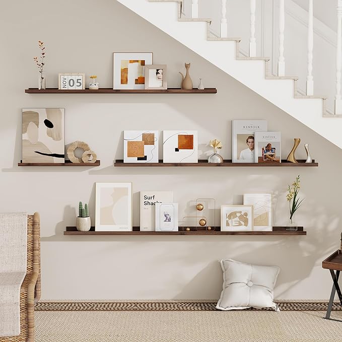 Fun Memories Picture Ledge Shelves Set of 2-55 Inch Shelves with Lip - Large Nursery Bookshelf for Storage - Floating Shelf Wall Mounted for Living Room - Bedroom -Kitchen - Walnut Color