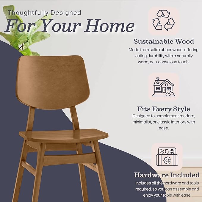 Alaterre Furniture Calais Dining – Mid Century Modern Set of 2 Dining Chairs – Solid Wood Chair Set with Minimalist Design for Dining Room or Kitchen (Pecan Finish)
