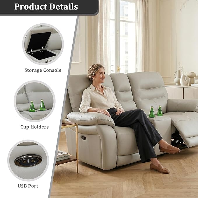 Power Reclining Sofa Set, Genuine Leather Recliner Couch, Light Grey Leather Sofa and Loveseat, 2 Pieces Top Grain Leather Furniture with Cup Holders/Storage/USB Port for Living Room, Apartment