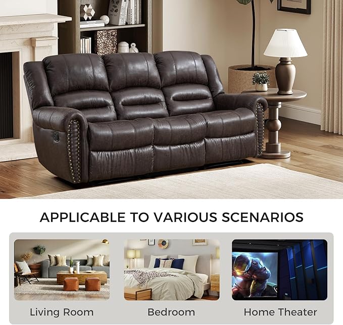 EBELLO Manual Recliner Sofa Set, Faux Leather Fabric Reclining Living Room Set, Included Single Recliner Chair and 3 Seat Manual Sofa,Vintage Rivet Mid-Century Design for Living Room, Dark Brown