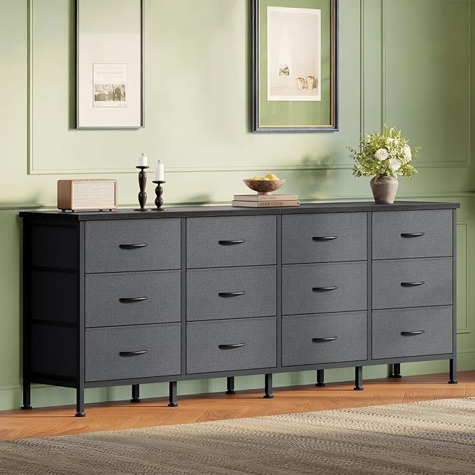 DUMOS TV Stand for Bedroom with Storage TV Stands for Living Room Grey, 12 Drawer Dresser Farmhouse Entertainment Center for up to 80 Inch TVs, Media Console Table with Metal Frame Adjustable Feet