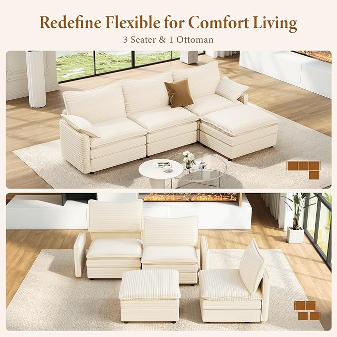 Vesgantti 108" Modular Sectional Sofa, Comfy Cloud Couch with Movable Ottoman Deep Seat Corduroy L Shaped Modular Sofa, Sectional Couches for Living Room, Bedroom and Apartment, Beige | Sink-in Comfort, Height Adjustable, Easy Rearrangement, Extra-deep...