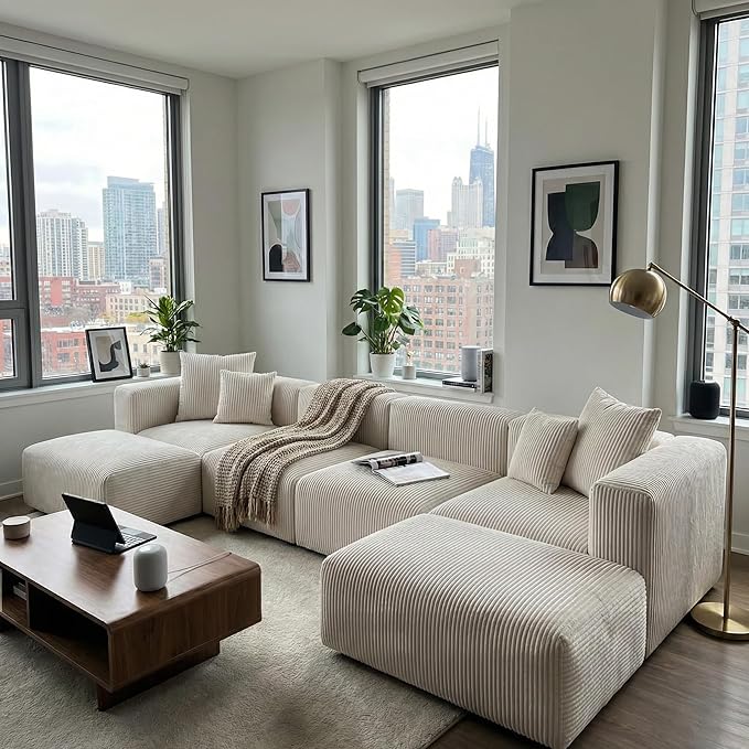 Acanva Convertible Modular Sectional Sofa with Movable Ottomans, Free Combination Corduroy Couch for Living Room Apartments, U-Shaped, White