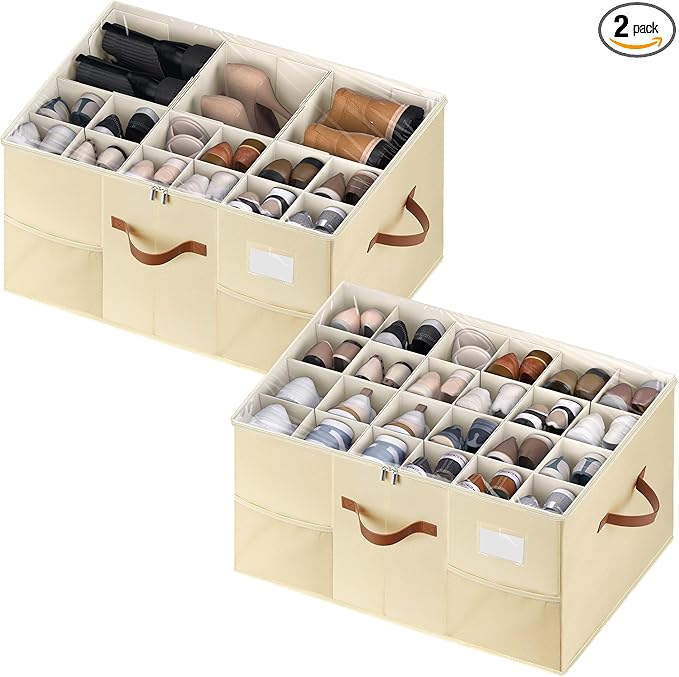 Shoe Organizer for Closet, 2 Pack Shoe Storage Containers with Adjustable Dividers, Space Saving Shoe Box Storage Organizers Bins with Clear Lid & 4 Handles, Fits 24-48 Pairs, Beige