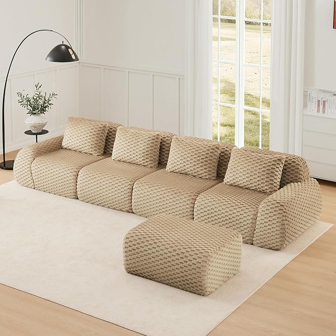 KEIKI 146" Oversized 4-Seater Boneless Couches for Living Room, Deep Seat Modular Sectional Velvet Sofa L-Shaped, Cloud Soft Foam No Assembly Family Lounge Couch, Modern Comfort Design, Light Camel