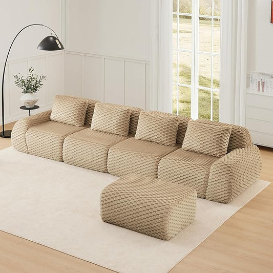 KEIKI 146" Oversized 4-Seater Boneless Couches for Living Room, Deep Seat Modular Sectional Velvet Sofa L-Shaped, Cloud Soft Foam No Assembly Family Lounge Couch, Modern Comfort Design, Light Camel
