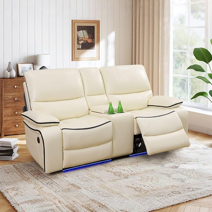 2 Piece Power Recliner Sofa for Living Room, Breathing Leather Reclining Couch and Loveseat Set with LED Lighting, Cup Holders, Storage Console&USB Port for Home Theater Seating (Off White)