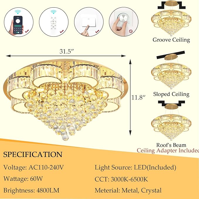 31.4'' Gold Modern Crystal Chandeliers for Dining Room LED Dimmable Light Fixtures Flush Mount Light Living Room Bedrooms