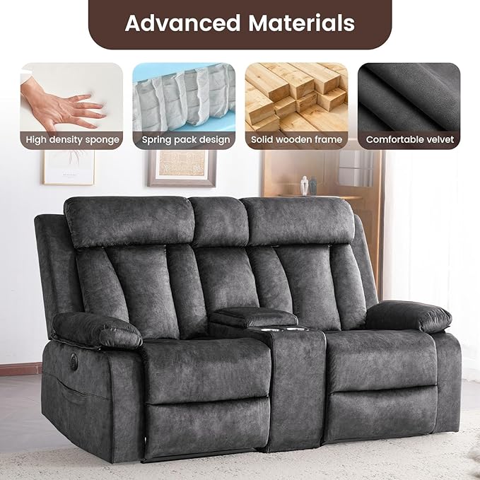 Power Reclining Loveseat with Console, Electric Double Recliner with USB/Type C/Side Pocket/Cup Holders, RV Recliners Wall Hugger Reclining Loveseat for Living Room & RV & Home Theater