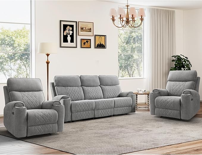 HAOMARKETS 3-Piece Power Recliner Sofa Set with Charging Port, Include 2 Single Power Reclining Chairs and a 3-Seater Reclining Couch with Cup Holders for Living Room, Light Grey