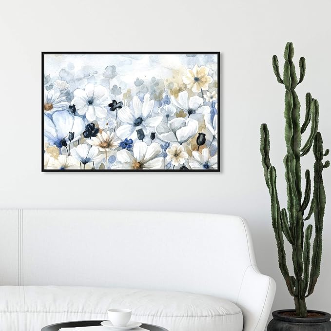 The Oliver Gal Artist Co. Floral and Botanical Wall Art Framed Canvas Prints 'Fields Flowers Home Décor, 30" x 20", Blue, White