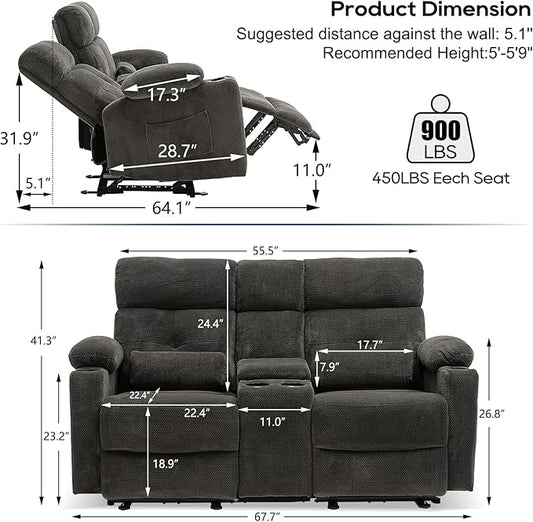 68'' RV Power Reclining Loveseat with Heat and Massage| RV Loveseat Recliner Sofa with Console| Double Reclining Couch with Cup Holder | Loveseat ReclinerTheater Seating(Fabric,Gray) | Double Seat, Electric Recliner
