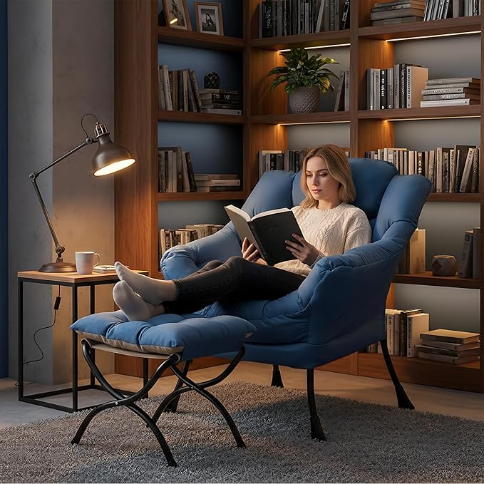 Lazy Chair with Ottoman, Modern Lounge Chair with Lumbar Pillow, Accent Cozy Reading Armchair and Folding Footstool for Bedroom, Dorm, Living Room,Peacock Blue