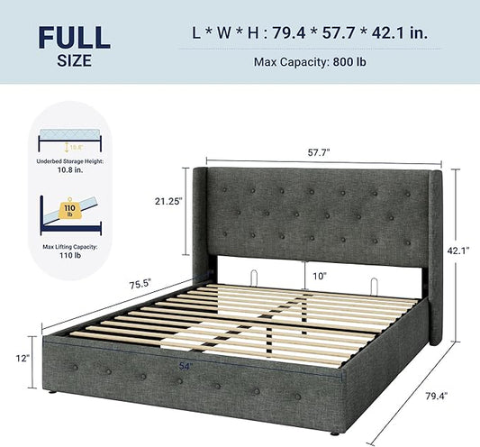 Allewie Full Size Lift Up Storage Bed, Button Tufted Headboard with Wingback, Hydraulic Support, No Box Spring Needed, Dark Grey